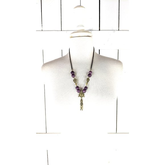Tribal purple glass beaded gold metal Aztec Mayan style bead necklace - Picture 5 of 5